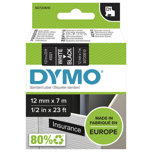 DYMO Authentic D1 Labels | White Print on Black Tape | 12 mm x 7 m | Self-Adhesive Labels for LabelManager Label Makers | Made in Europe