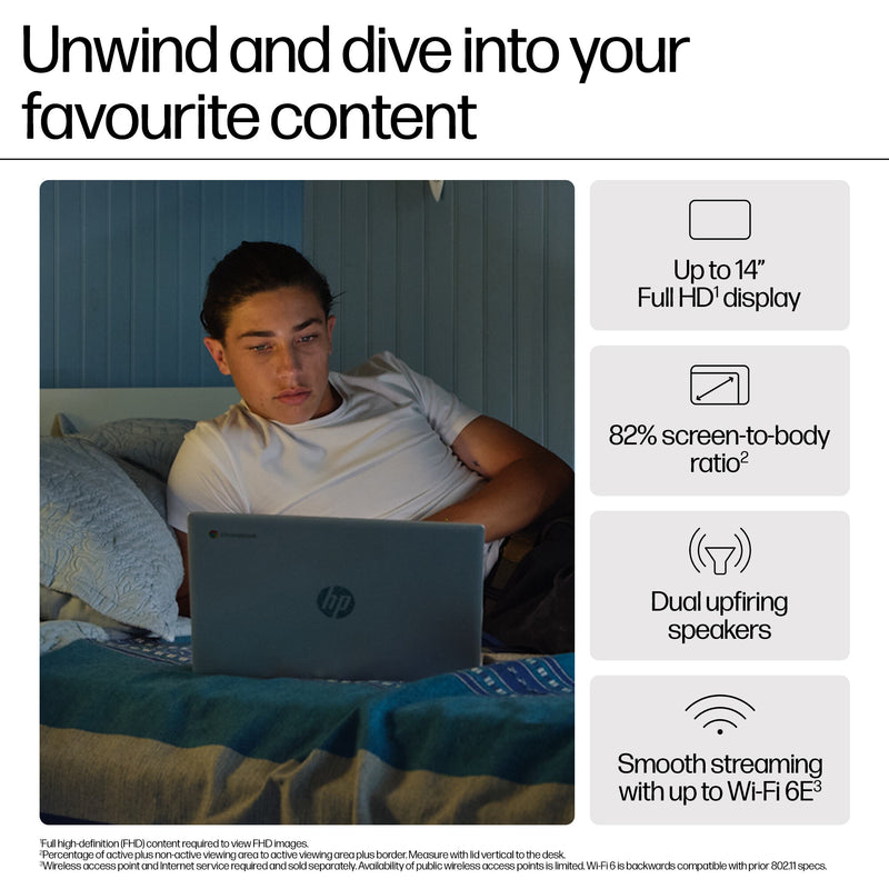HP Chromebook 14a-nf0002na Intel® N N100 35.6 cm (14") HD 4 GB LPDDR5-SDRAM 128 GB eUFS Wi-Fi 6E (802.11ax) ChromeOS Silver