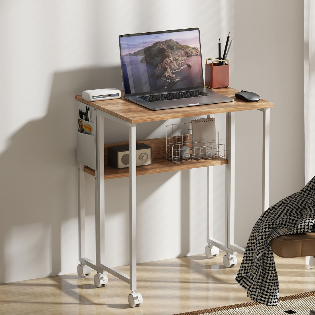 HOMCOM 63 cm Drop Leaf Writing Work Desk - Natural Wood Finish