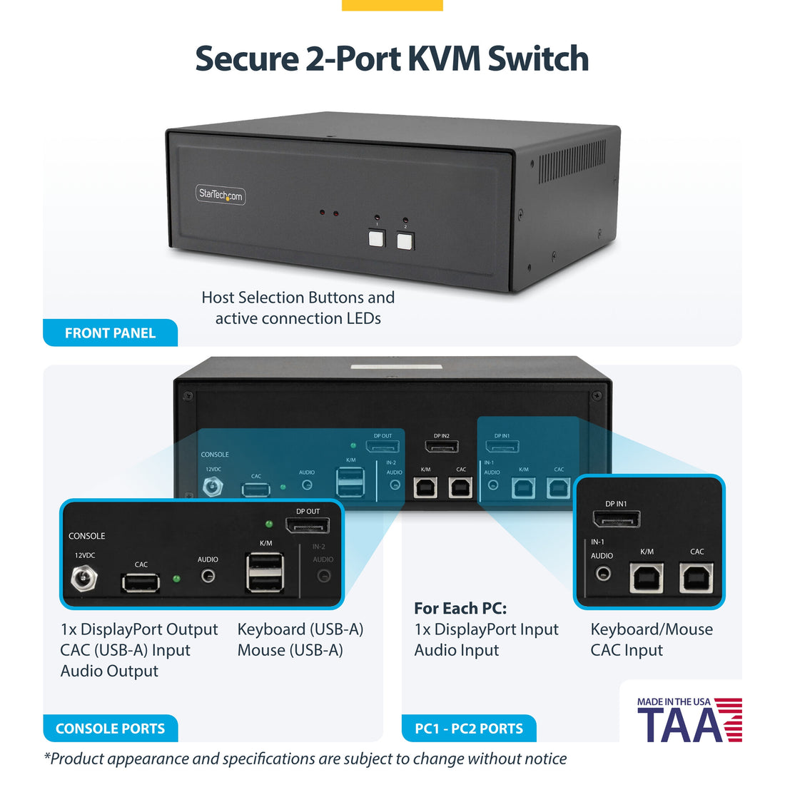 StarTech.com Secure 2-Port KVM Switch, DisplayPort, 4K 60Hz, NIAP 4.0 Desktop KVM, CAC, Metal Housing, Made in - image 4