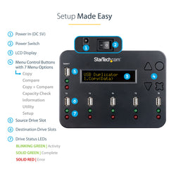 StarTech.com Standalone 1 to 5 USB Thumb Drive Duplicator and Eraser, Multiple USB Flash Drive Copier, System and File and Whole-Drive Copy at1.5 GB/min, Single and 3-Pass Erase, LCD Display