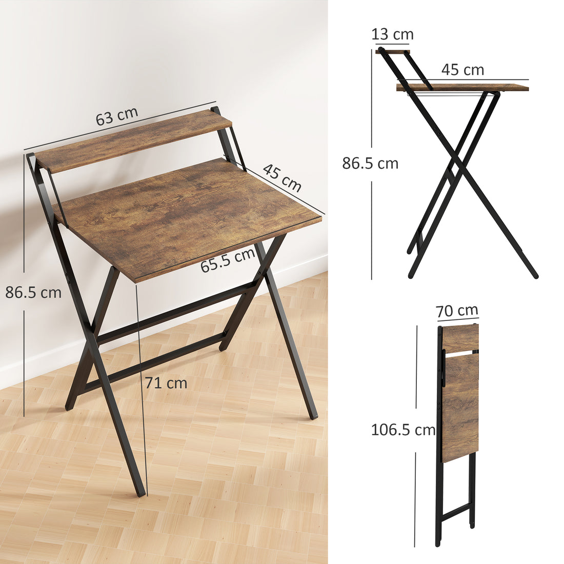 HOMCOM 70 cm Folding Computer Desk with Monitor Shelf - Rustic Brown