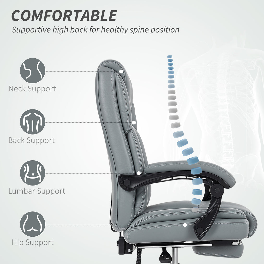 HOMCOM Faux Leather Reclining Office Chair, with Footrest - Grey