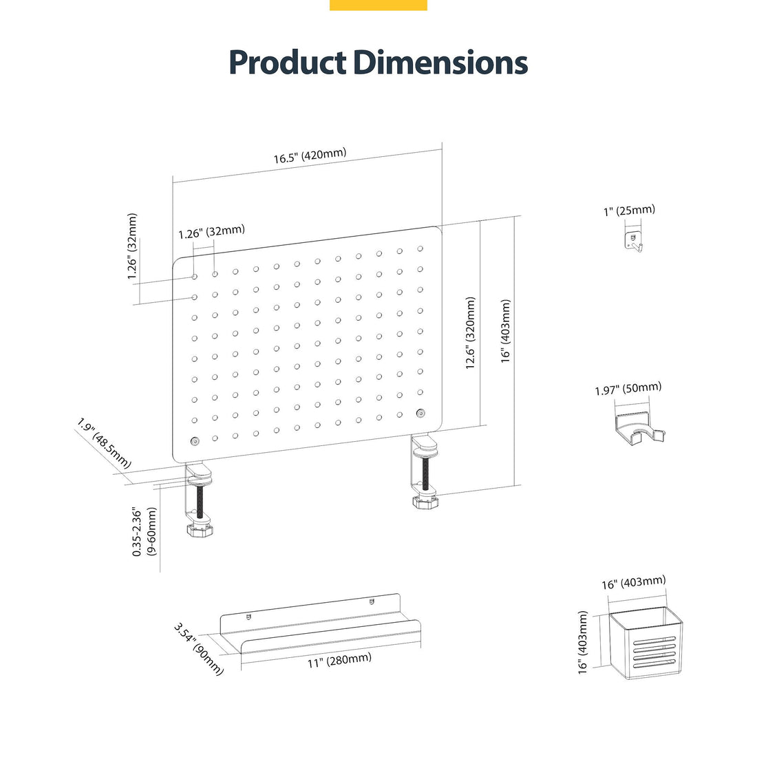 StarTech.com Clamp-On Pegboard with Accessories, 16.5 x 12.5in (42 x 32cm), Steel Pegboard, Desktop Storage - image 7