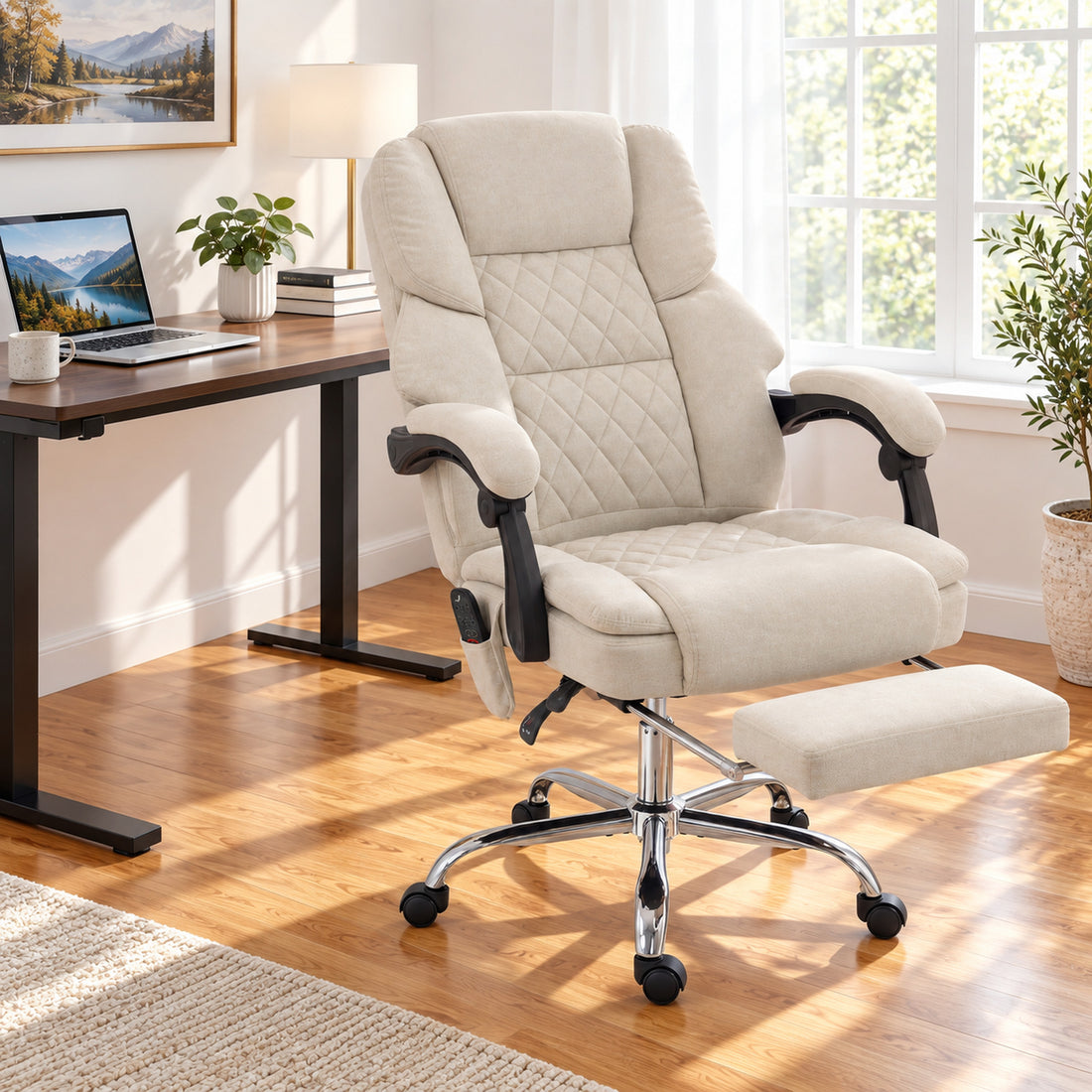 HOMCOM Office Chair with 6-point Vibration Massage and Heat, Fabric Desk Chair with Footrest, High Back, Cream White