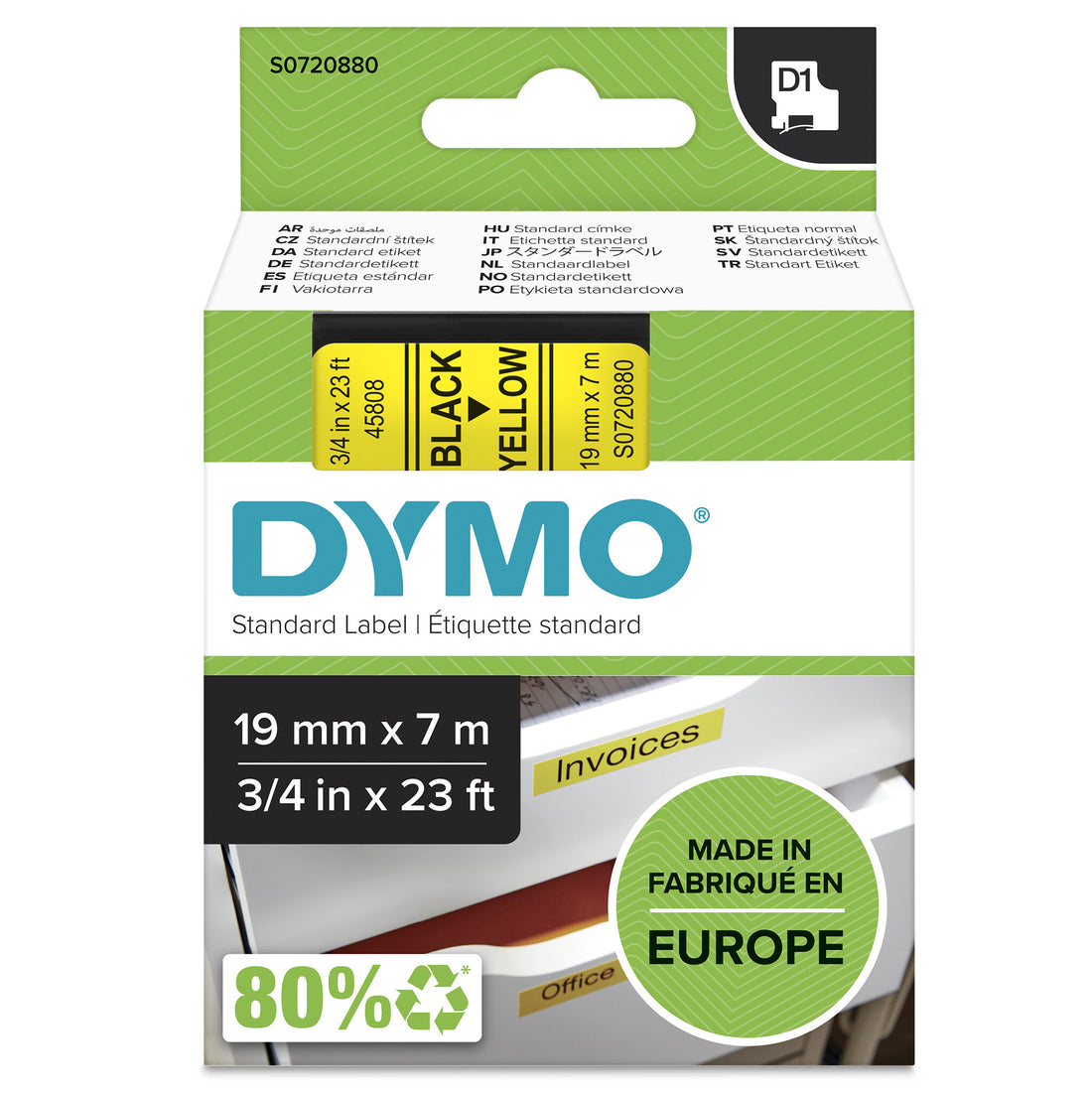 DYMO Authentic D1 Labels | Black Print on Yellow Tape | 19 mm x 7 m | Self-Adhesive Labels for LabelManager