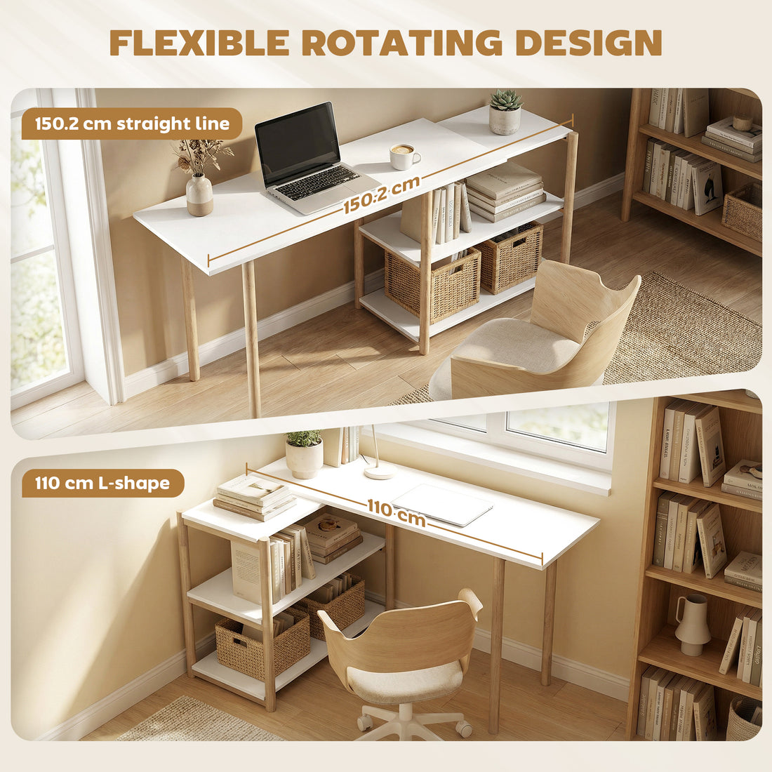 HOMCOM Computer Desk with Storage Shelves Modern Writing Desk Bamboo Frame for Home Office 150 cm White and Oak