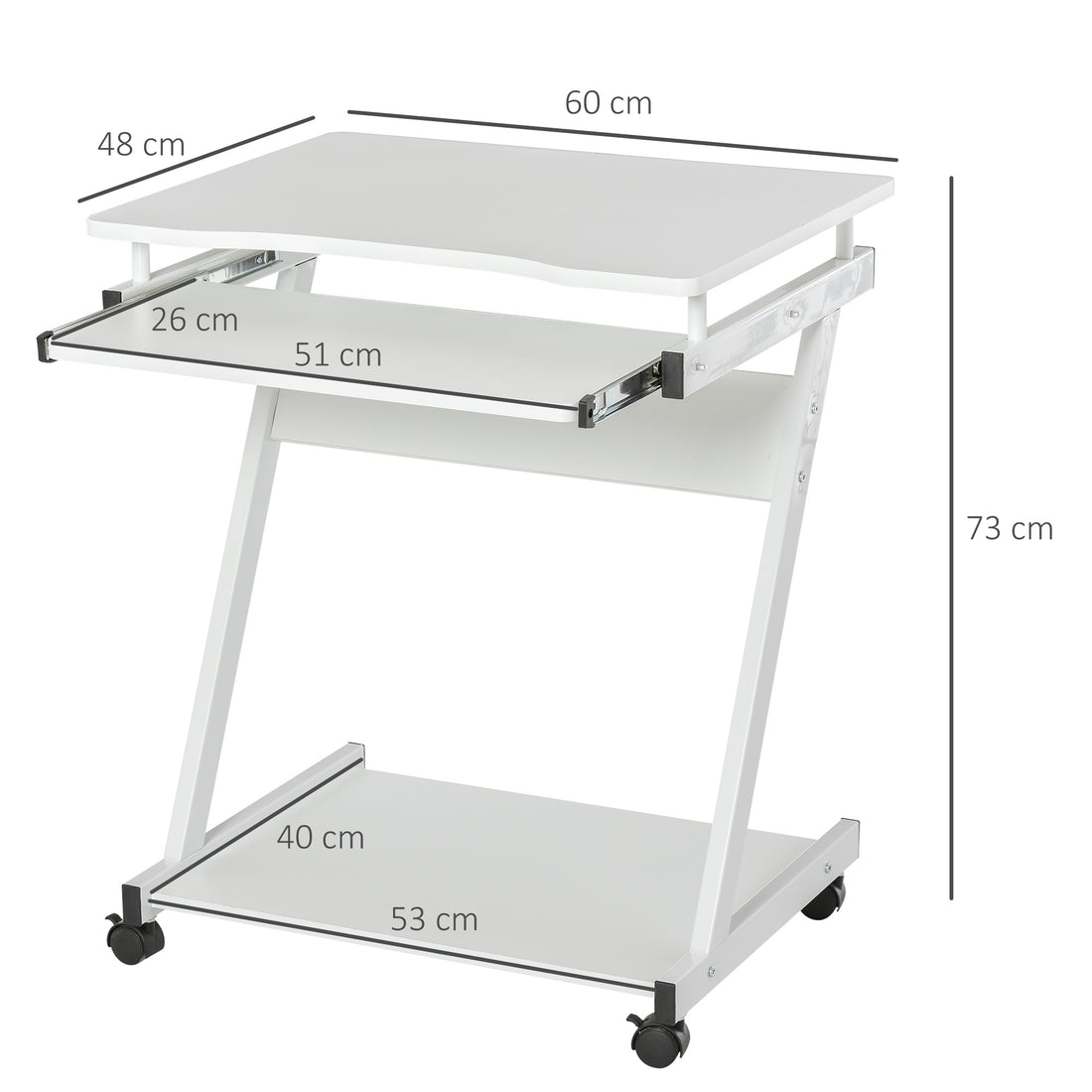 HOMCOM Movable Computer Desk with 4 Moving Wheels and Keyboard Tray White