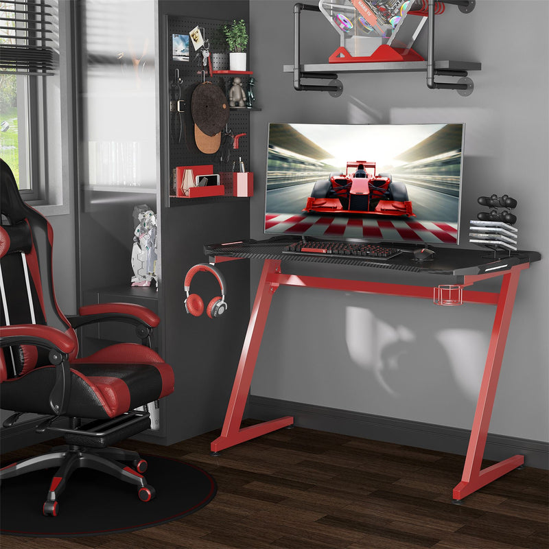 HOMCOM Gaming Desk, Ergonomic Home Office Desk, Gamer Workstation Racing Table, with Headphone Hook and Cup Holder, 122 x 66 x 86cm, Black and Red