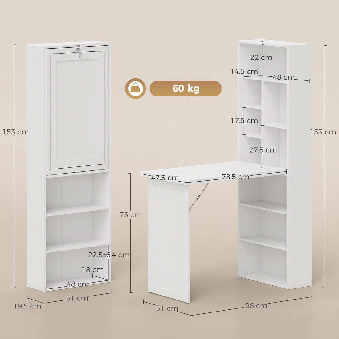 HOMCOM Three-Part Work Desk, with Storage and Writing Board - White