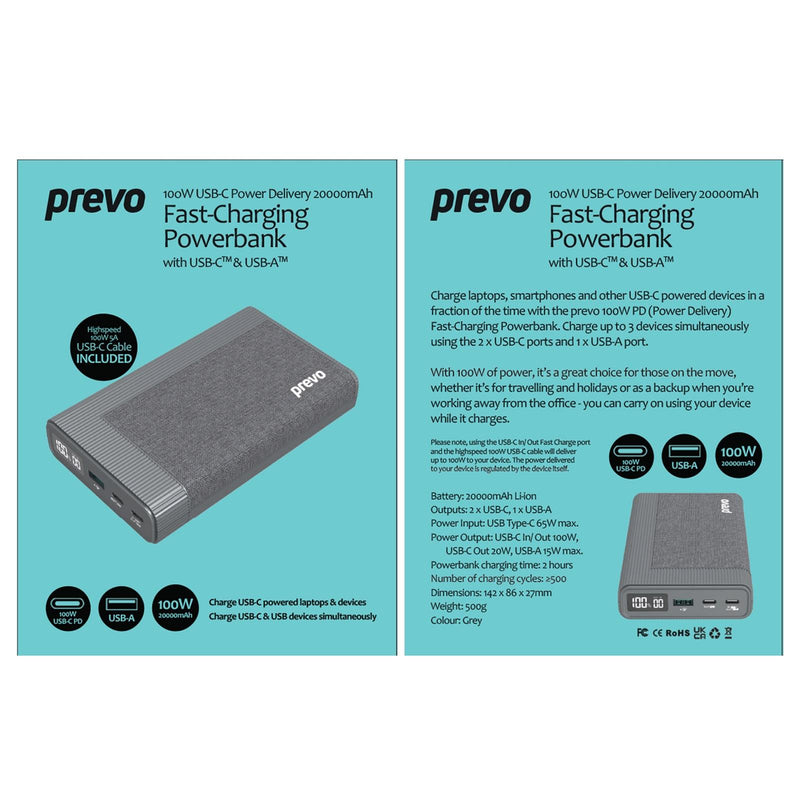 Prevo AD10C 100W USB-C Power Delivery PD 20000mAh Portable Fast-Charging Powerbank with Digital Display