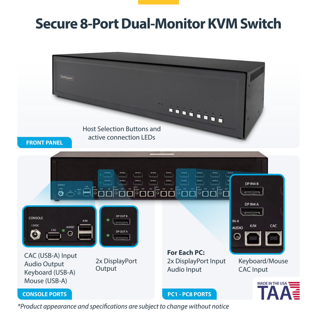 StarTech.com Secure 8-Port Dual-Monitor KVM Switch, DisplayPort, 4K 60Hz, NIAP 4.0 Desktop KVM, CAC, Metal - image 4