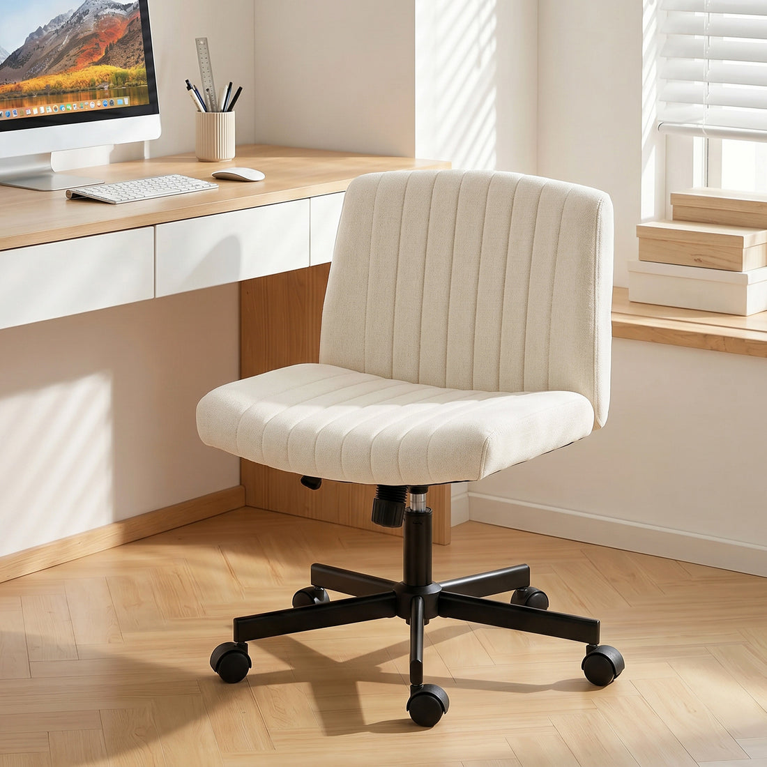 HOMCOM Imitation Linen Criss Cross Legged Desk Chair, Armless Office Chair with Wheels, Cream