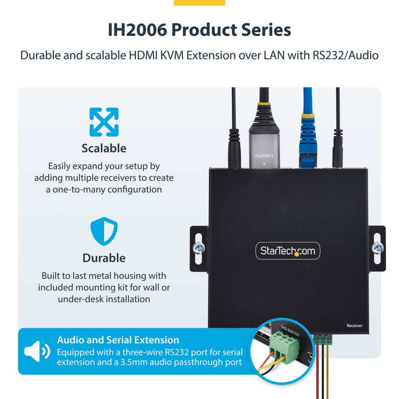 StarTech.com HDMI KVM Extender Over IP Network, 4K 60Hz, Driverless, HDMI and USB Over Ethernet/CAT6, AVoIP, Transmitter and Receiver Kit, Includes Mounting Kits