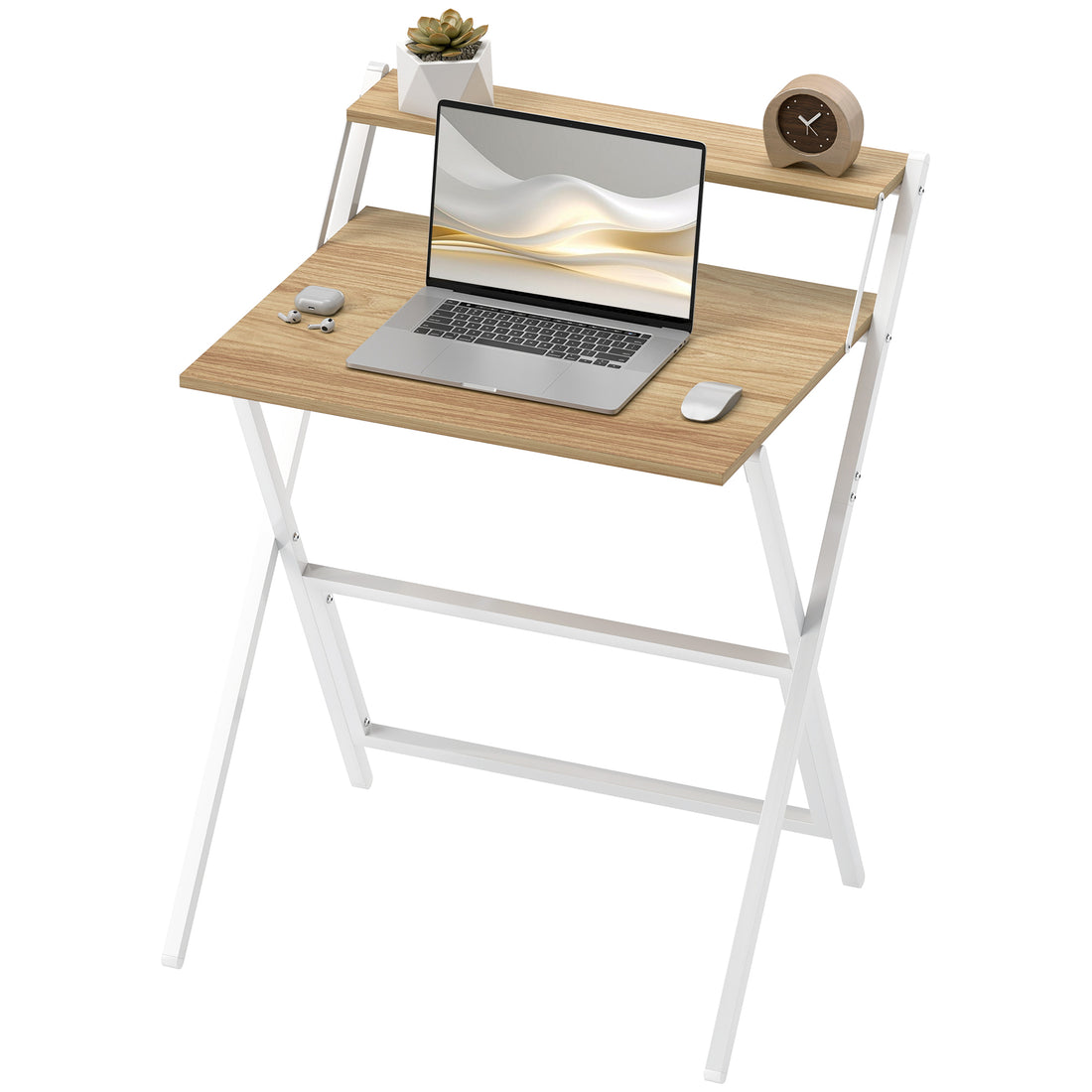 HOMCOM 70 cm Folding Computer Desk with Monitor Shelf - Natural Wood Finish