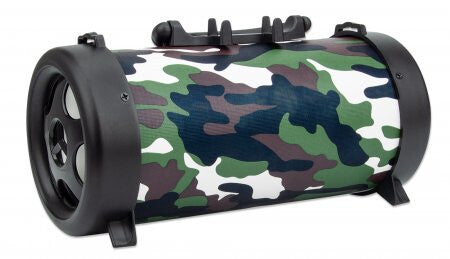 Manhattan Camouflage Bluetooth Speaker, Decent Sound Output (3W), 3 hour Playback time, FM Radio, Range 10m, microSD card reader (32GB), Aux 3.5mm connector, USB-A charging cable included, 1200mAH battery, Bluetooth v5, 3 Years Warranty