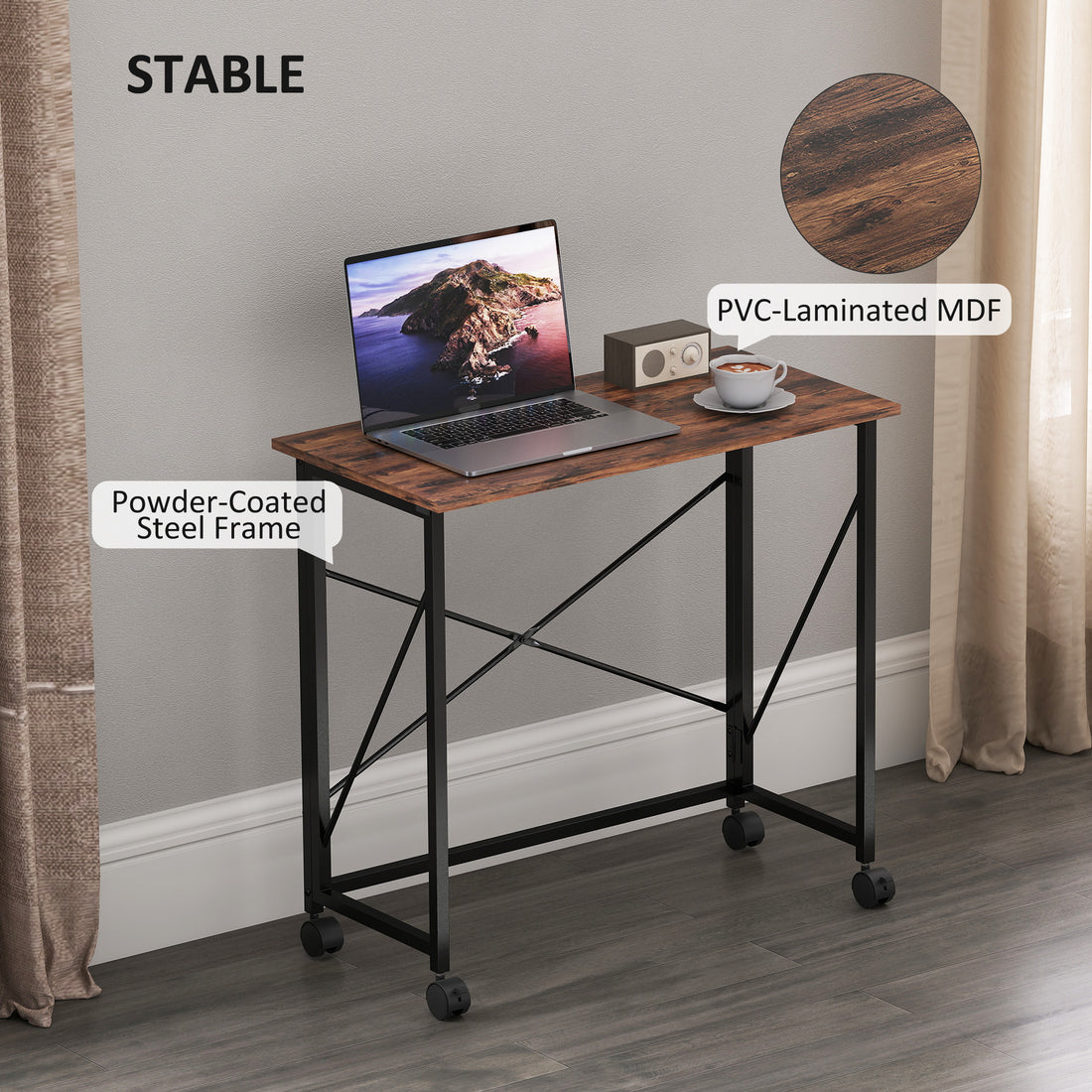 HOMCOM 80 cm Folding Desk on Wheels - Rustic Brown