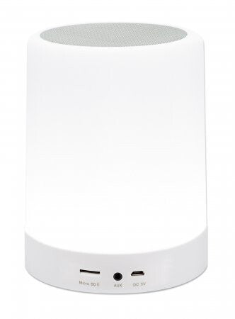 Manhattan Sound Science Bluetooth Speaker, 5 hour Playback time, Range 10m, microSD card reader (32GB), Aux 3.5mm connector, Output 3W, USB-A charging cable included, 1200mAH battery, Bluetooth v5, Built-in hanger, White, 3 Year Warranty