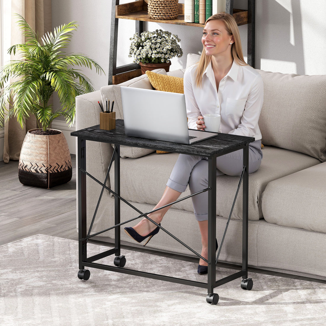 HOMCOM 80 cm Folding Desk on Wheels - Black