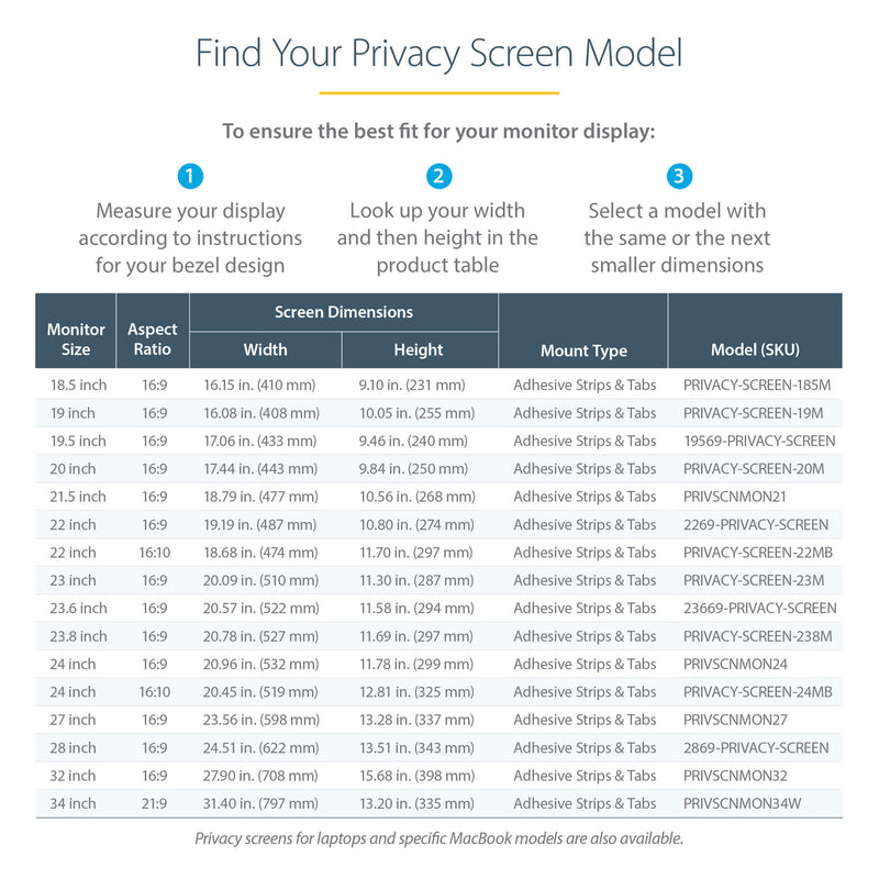 StarTech.com Monitor Privacy Screen for 20 inch PC Display - Computer Screen Security Filter - Blue Light Reducing Screen Protector Film - 16:9 Widescreen - Matte/Glossy - +/-30 Degree