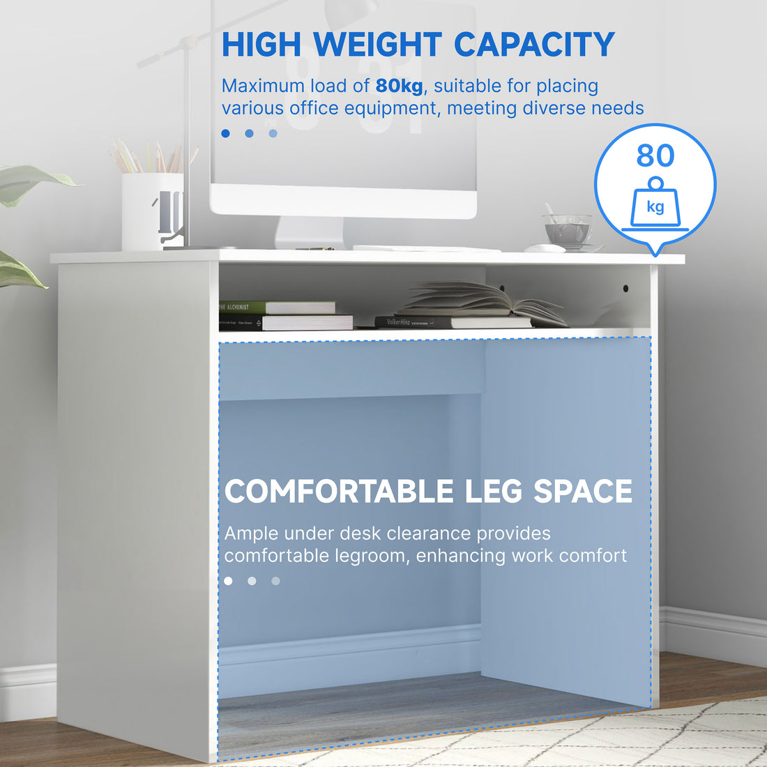 HOMCOM 90 x 50cm Computer Table, Modern Home Office Desk, Small Writing Desk with Storage Shelf, High Gloss White