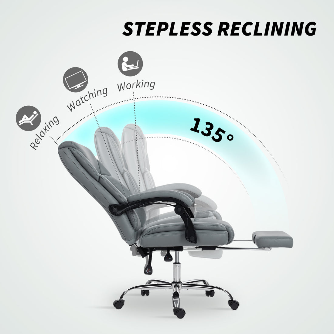 HOMCOM Faux Leather Reclining Office Chair, with Footrest - Grey