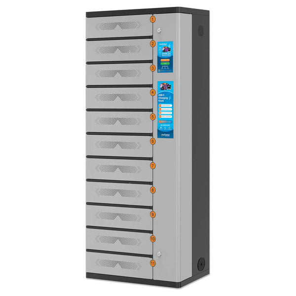 Manhattan Kiosk Laptop Charging Cabinet USB-C 65W 11-bay (individual compartment - PIN locked), Suitable for USB-C laptops (to 17.3"), iPads, MacBooks, Chromebooks, other USB-C devices, Bays 448x328x120mm, USB-C charging cables included,Cabinet, UK & EU