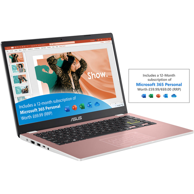 ASUS Vivobook Go 14 Laptop, 14" 4GB DDR4-SDRAM, 64GB eMMC - Pink (E410KA-EK672WS)