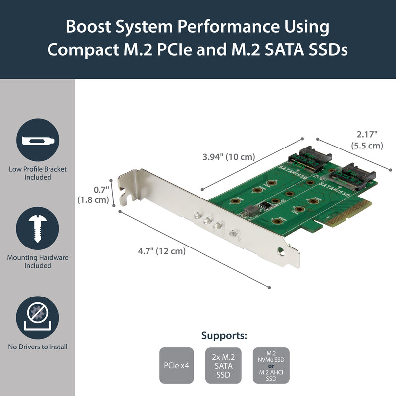 StarTech.com 3-Port M.2 SSD (NGFF) Adapter Card - 1 x PCIe (NVMe) M.2, 2 x SATA III M.2 - PCIe 3.0