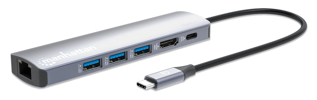 Manhattan USB-C Dock/Hub, Ports (x6): Ethernet, HDMI, USB-A (x3) and USB-C, with Power Delivery (PD) 100W