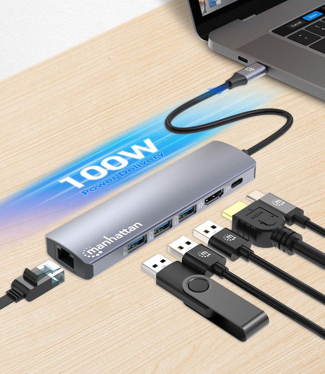 Manhattan USB-C Dock/Hub, Ports (x6): Ethernet, HDMI, USB-A (x3) and USB-C, with Power Delivery (PD) 100W - image 7