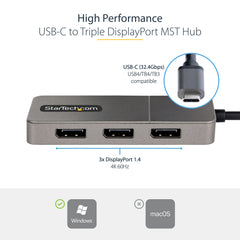 StarTech.com 3-Port USB-C Multi-Monitor Adapter, USB Type-C to 3x DisplayPort 1.4 MST Hub, Triple 4K 60Hz DP Laptop Display Extender / Splitter, HDR, Extra-Long Built-In Cable - Windows Only