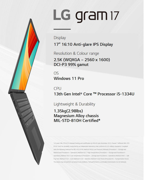LG Gram 17" Laptop (17Z90RU-G.AA58A1) - Intel Core i5-1334U, 16GB RAM, 1TB SSD, Windows 11 Home