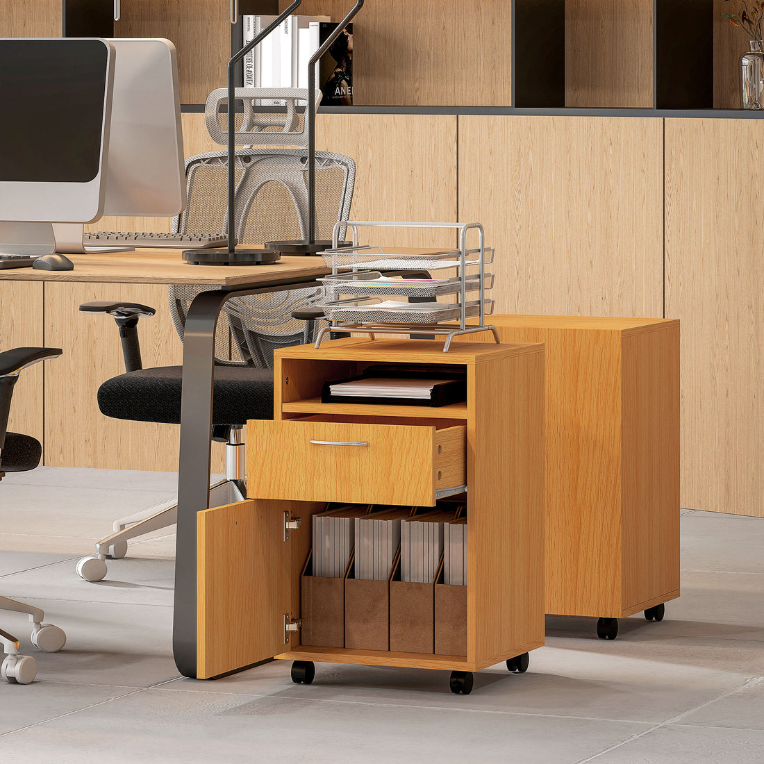 HOMCOM Filing Cabinet, Mobile File Cabinet with 2 Drawers, Office Home Organiser on Wheels, Natural Wood Finish