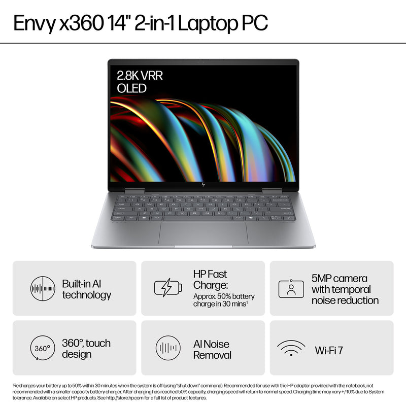 HP ENVY x360 2-in-1 Laptop 14-fc0007na Intel Core Ultra 5 125U Hybrid (2-in-1) 35.6 cm (14") Touchscreen 2K 16 GB LPDDR5-SDRAM 512 GB SSD Wi-Fi 6E (802.11ax) Windows 11 Home Grey