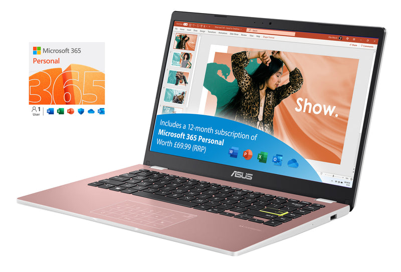 ASUS Vivobook Go 14,  Intel® Celeron® N N4500 Laptop, 14" Full HD  Screen, 4GB RAM, 128GB Storage, Windows 11 Home, Pink (E410KA-EK592WS)
