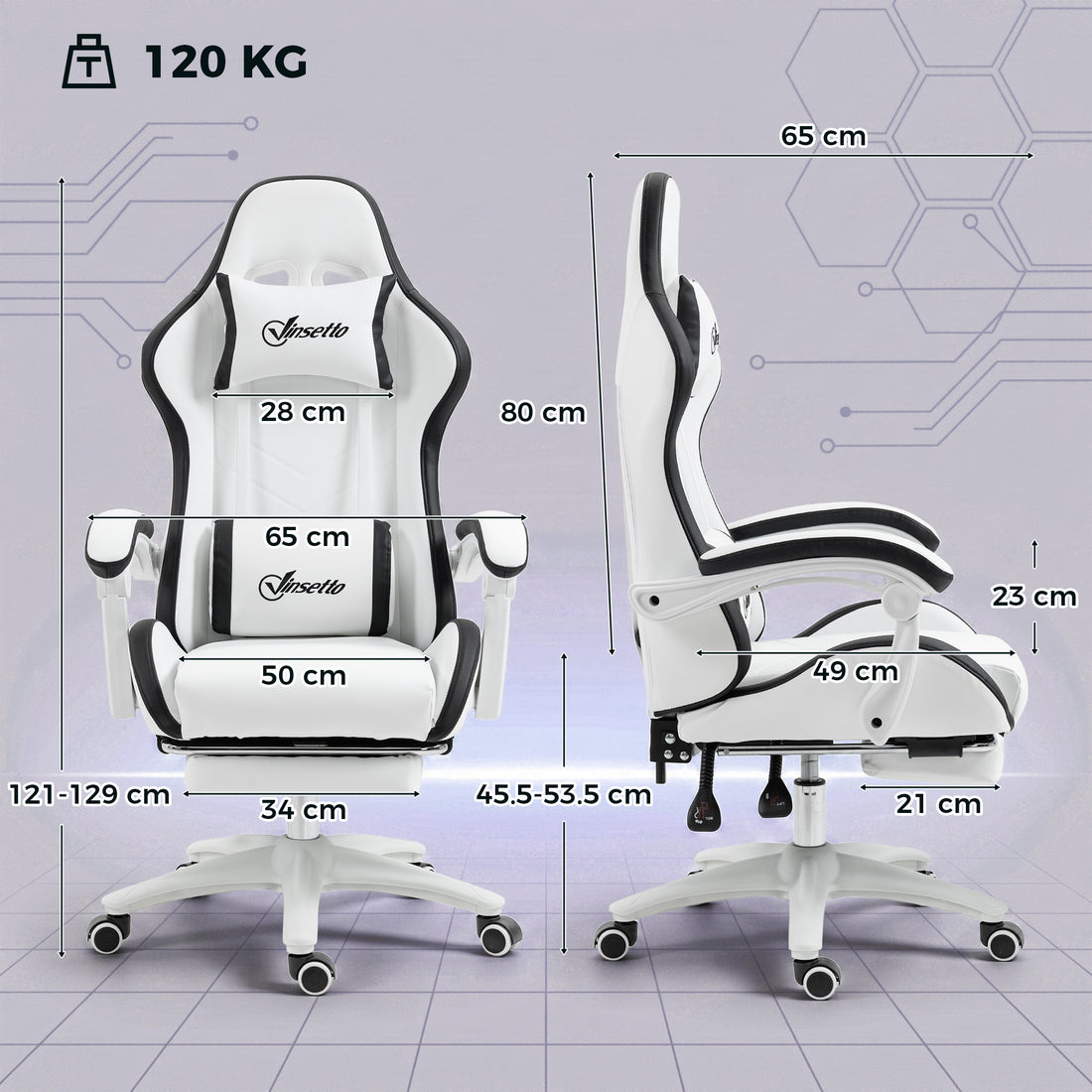 Vinsetto Gaming Chair, Computer Gamer Chair with Reclining High Back, Headrest, Lumbar Support, Footrest, Swivel Wheels, PU Leather, Adjustable Height for Home, White and Black