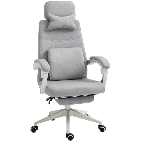 Vinsetto Office Chair, High Back Fabric Work Chair with 160° Reclining Backrest, Retractable Footrest, Neck and Lumbar Pillow, Light Grey