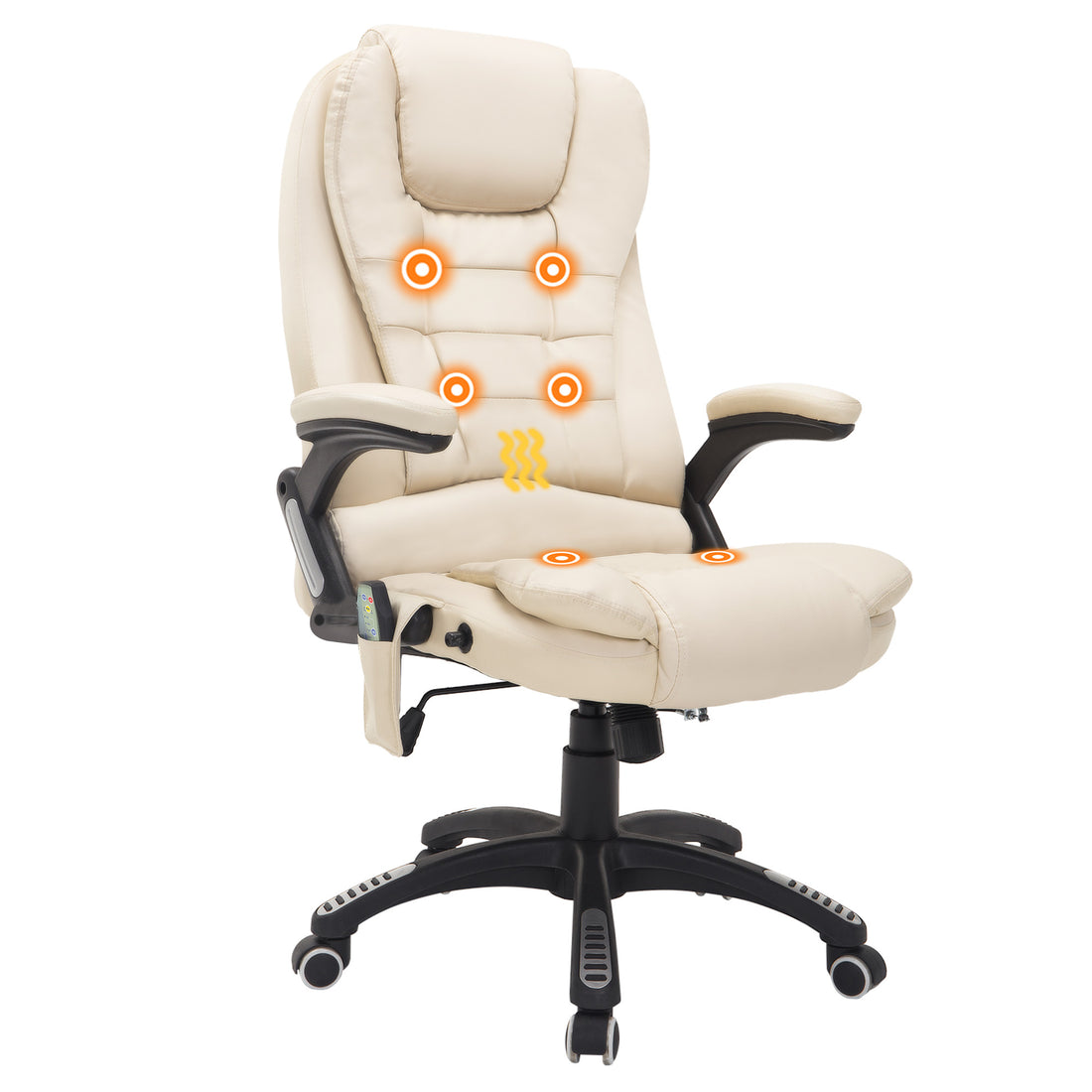 HOMCOM 6-Point Massage Office Chair with Seat Heated for Home Office, PU Leather High Back Executive Desk Chair with Adjustable Height and 360° Swivel for Work Study, Beige