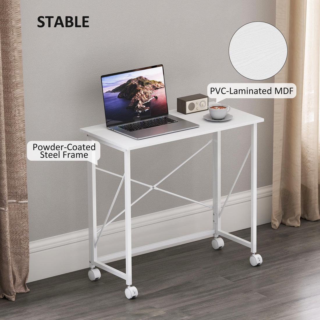 HOMCOM 80 cm Folding Desk on Wheels - White