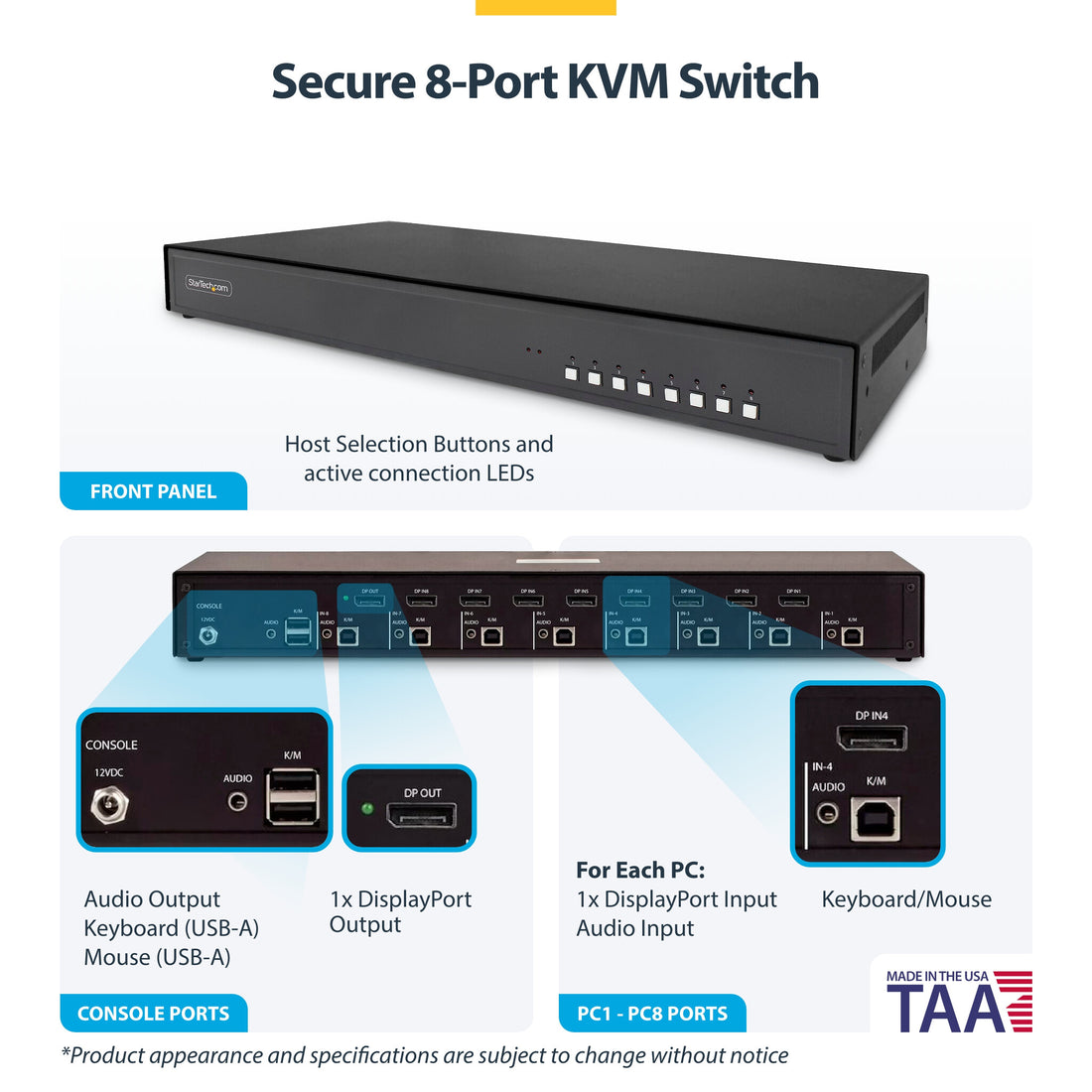 StarTech.com Secure 8-Port KVM Switch, DisplayPort, 4K 60Hz, NIAP 4.0 Desktop KVM, Metal Housing, Made in the - image 4