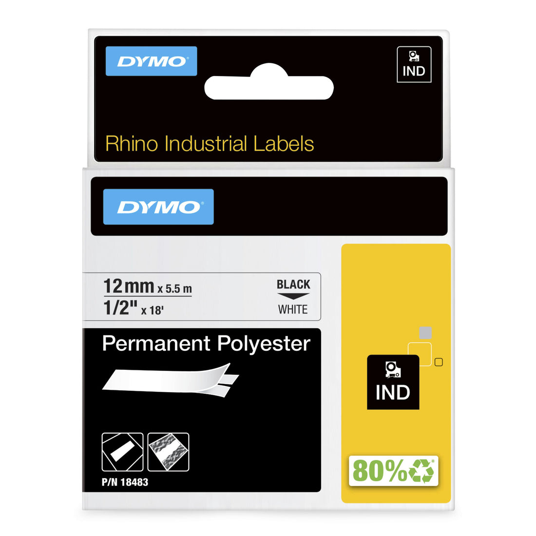 DYMO Rhino Industrial Permanent Polyester Labels | 12 mm x 5.5 m | Black Print on White | Self-Adhesive | for - image 2