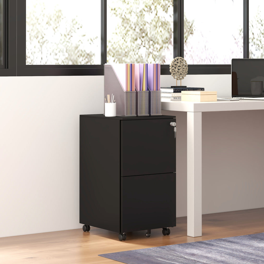 Vinsetto 2-Drawer Filing Cabinet with Lock and 5 Wheels, Steel Mobile File Cabinet, for A4, Legal and Letter Size, Pre-Assembled Body, Black