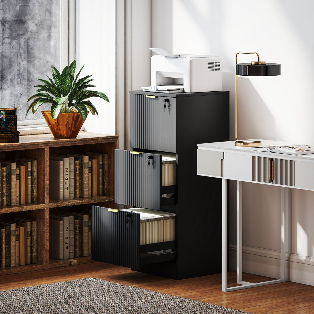 HOMCOM Filing Cabinet, Fluted Vertical File Cabinet with 3 Lockable Drawers and Hanging Rails, Black