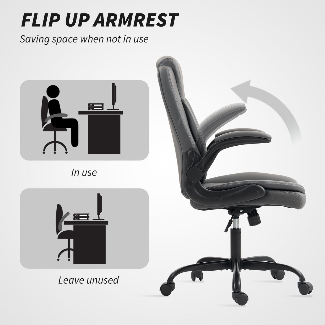 HOMCOM Faux Leather Office Chair. with Flip-Up Armrests - Charcoal Grey