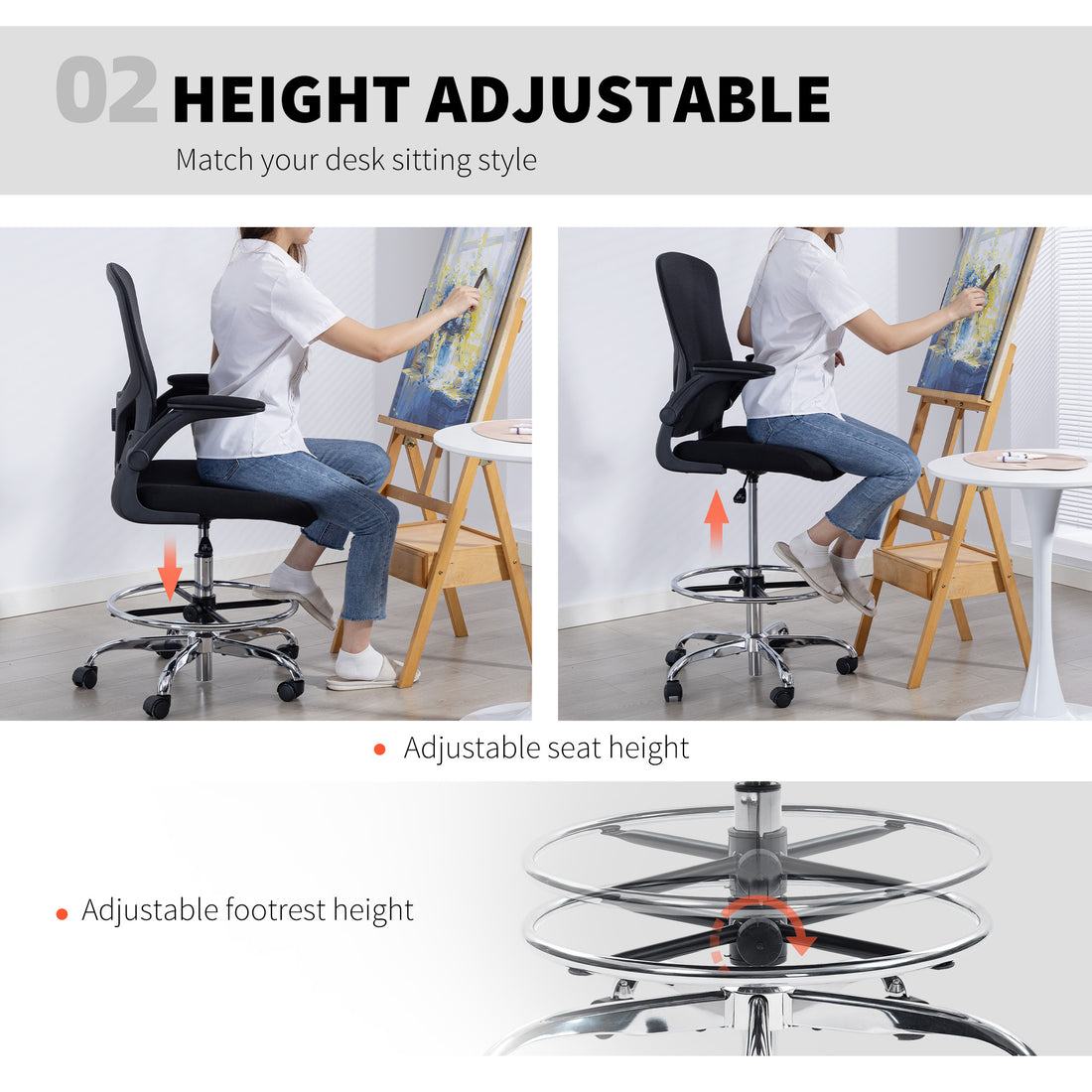 HOMCOM Draughtsman Chair, with Adjustable Lumbar - Black