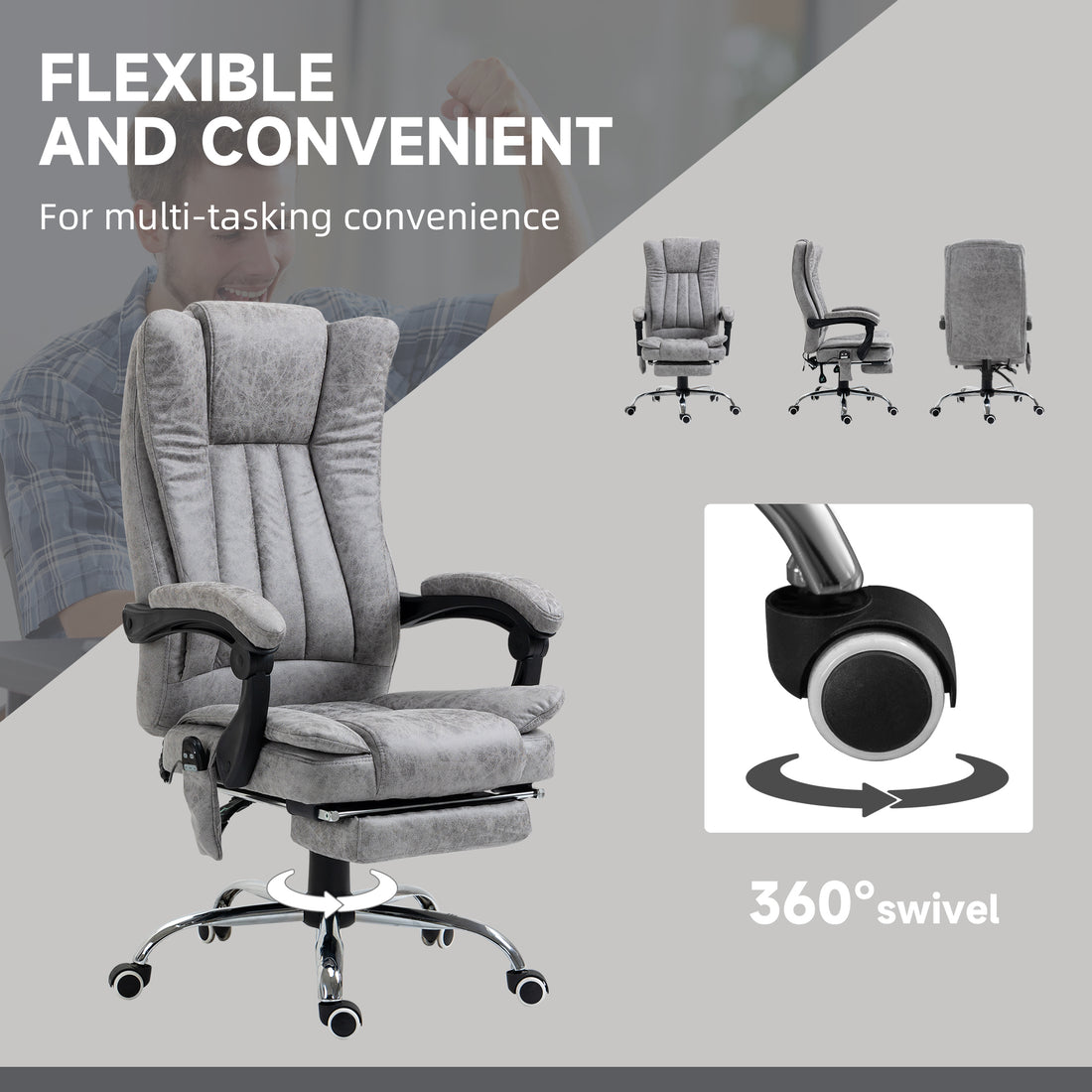 Vinsetto Office Chair with Massage and Heat, Microfibre Reclining Computer Desk Chair with Footrest and Adjustable Height, Swivel Wheels for Home Office, Grey