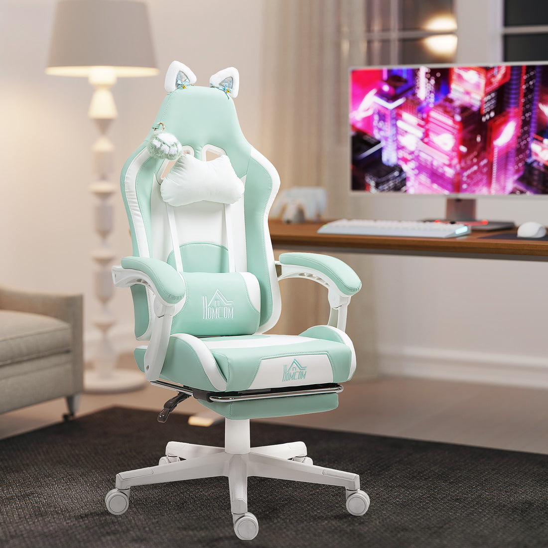 HOMCOM Cat Ear and Paw Reclining Office Chair, with Footrest - Light Blue/White