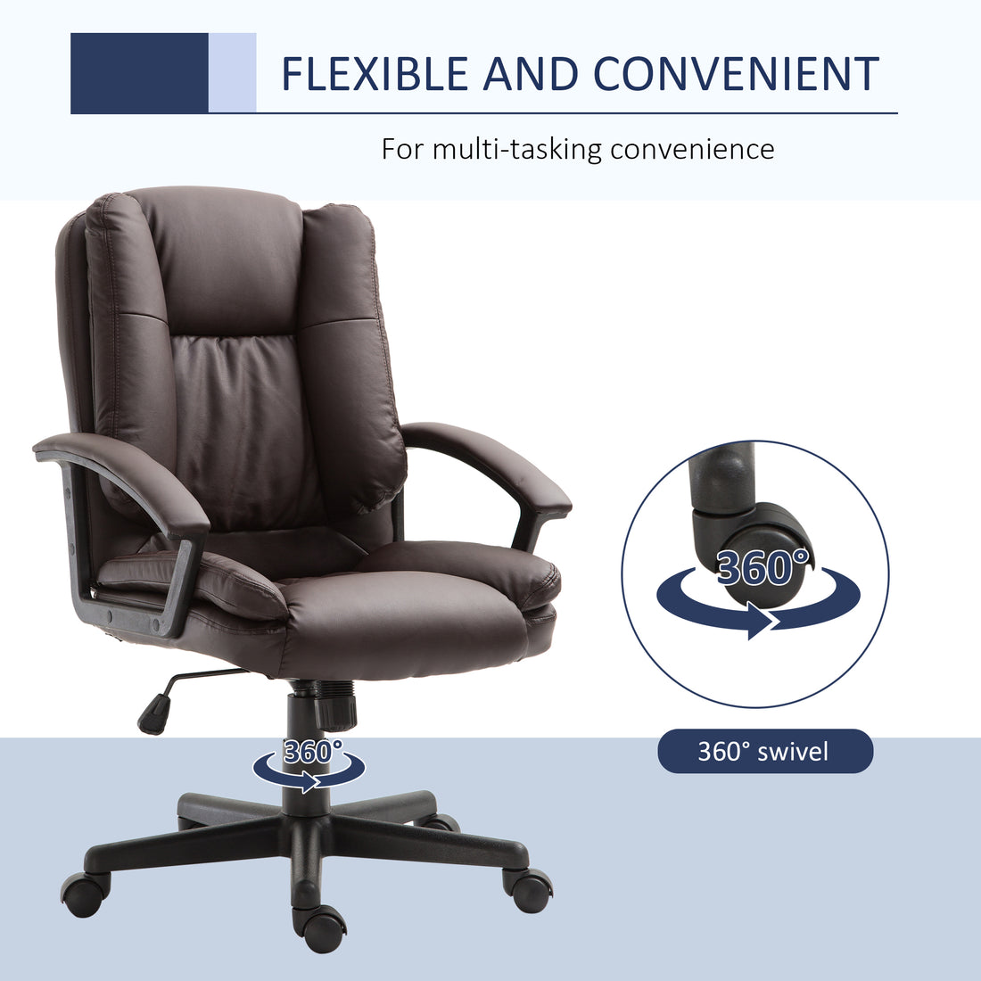 HOMCOM Office Chair, Computer Desk Chair, PU Leather Mid Back Executive Chair with Adjustable Height and Swivel Rolling Wheels for Home Study, Brown