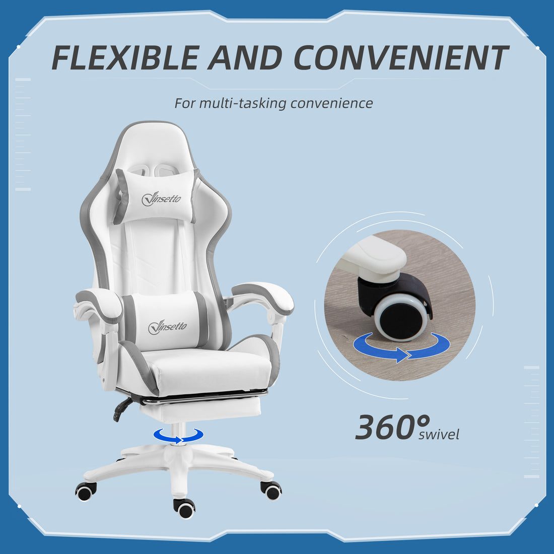 Vinsetto Computer Gaming Chair, PU Leather Desk Chair with Footrest, Swivel Task Chair with 135° Reclining Back, White & Grey